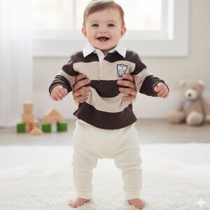 Brown beige long sleeve Polo cotton collar 6-9 mth